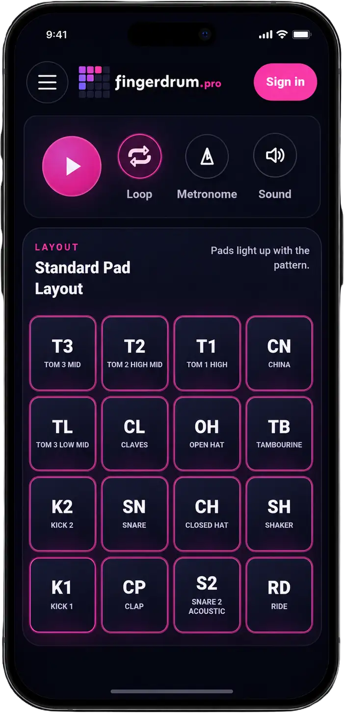 Finger Drum Pro touch pads running on a mobile phone