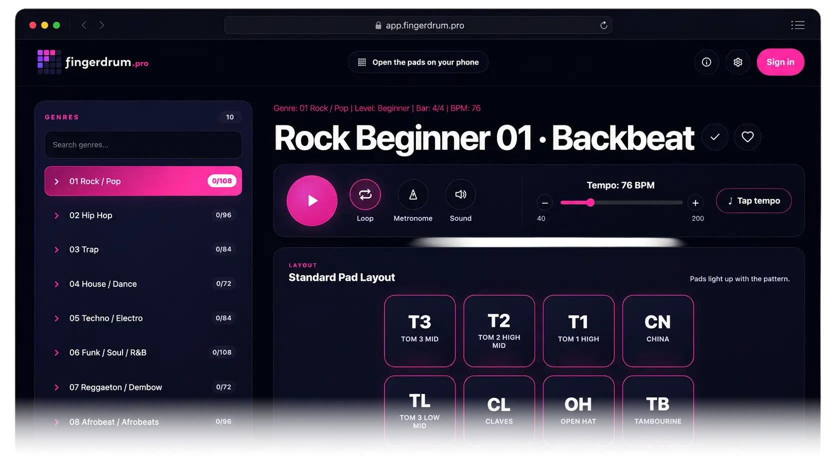 Finger Drum Pro practice interface with genre navigation, playback controls and the Standard Pad Layout