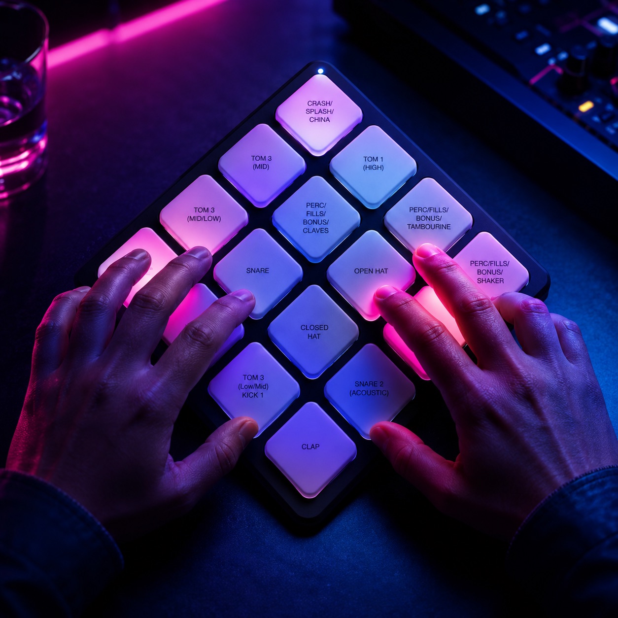 Hands playing a diamond-shaped standard 16-pad finger drumming layout